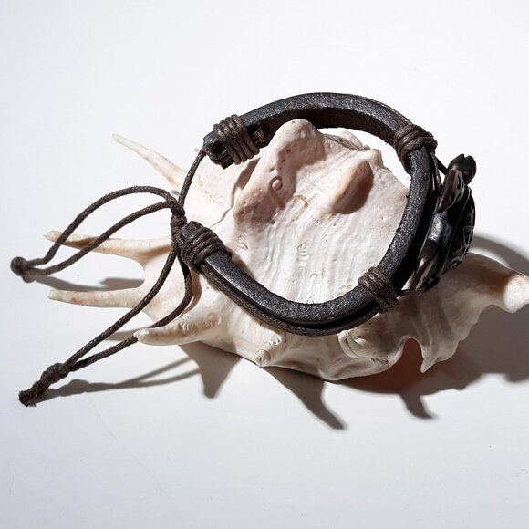 Leather Turtle Shambala Bracelet Unisex Adjustable Brown Resin NWOT - Picture 4 of 6